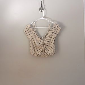 Cream off the shoulder striped crop knotted front top